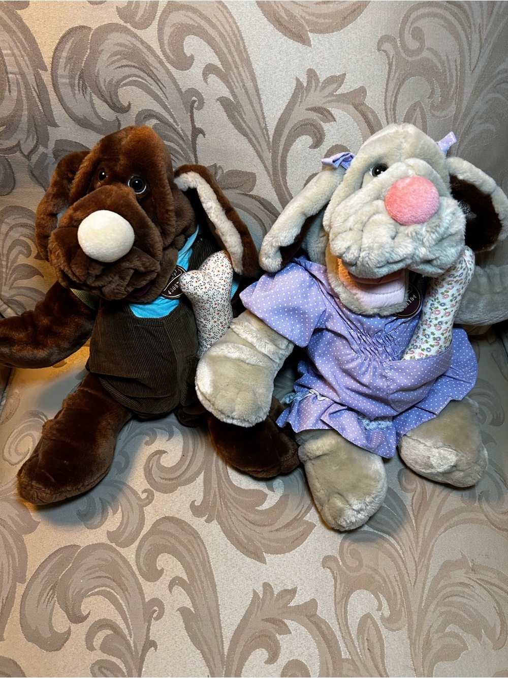 Vintage 80s Set of 2 Ganzbros Wrinkles Dog Puppets Plush Toy Overalls Dress Bone